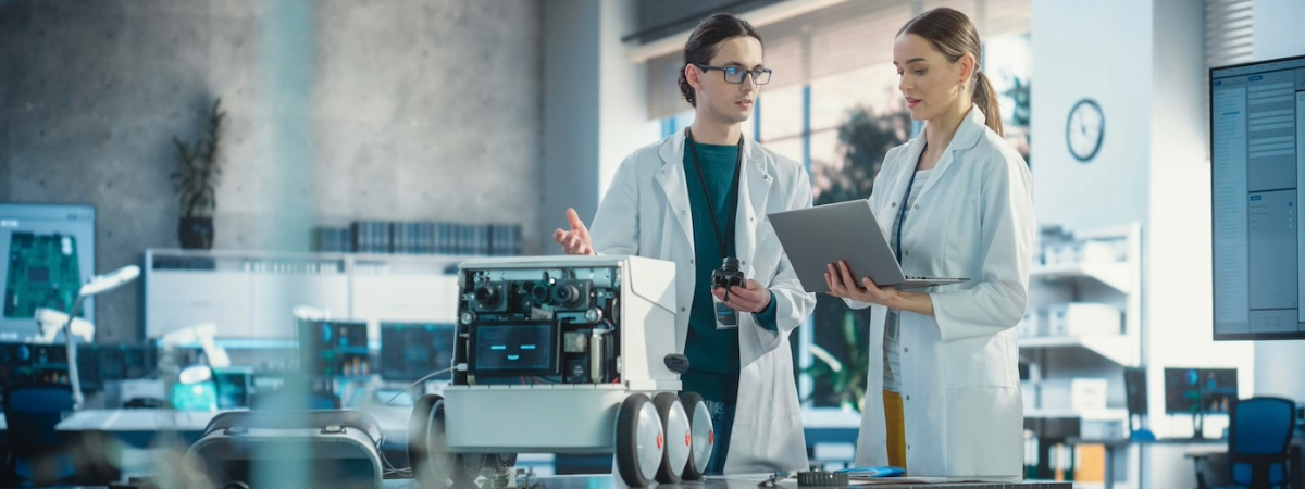 Two engineers stand in a lab discussing a small robot that is on the table in front of them